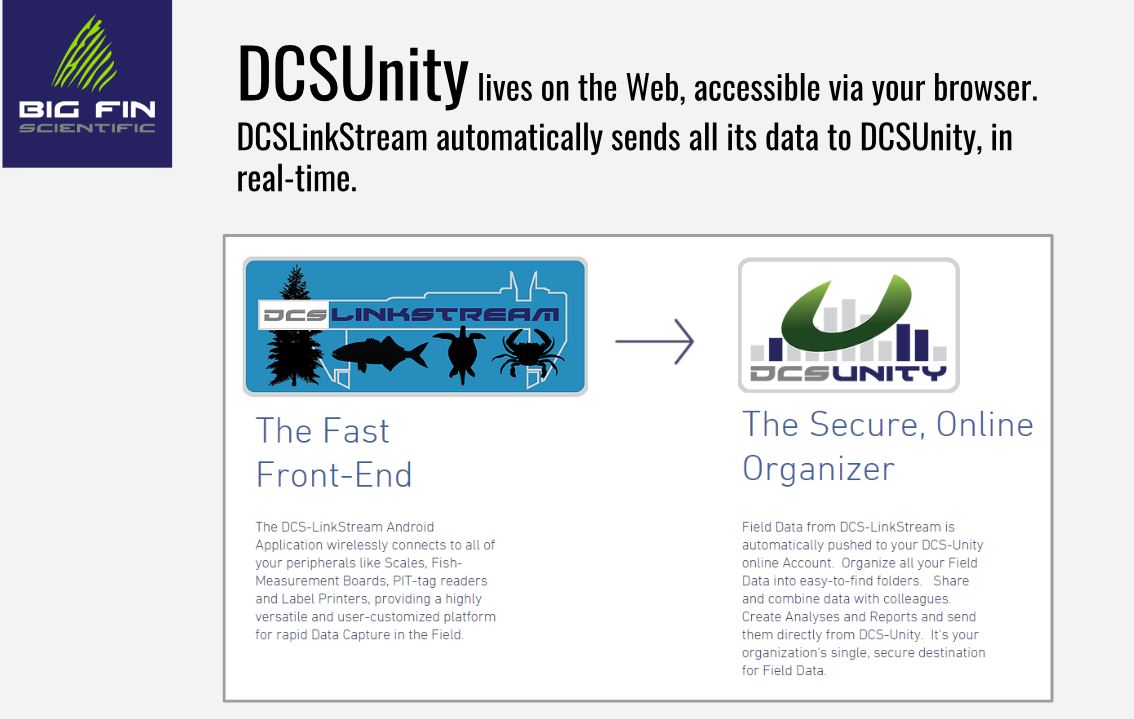 The BigFin DCSUnity software provides a web based data repository and data viewing/organizing interface.  Field data from DSC-LinkStream is automatically pushed to the DCS-Unity online Account.