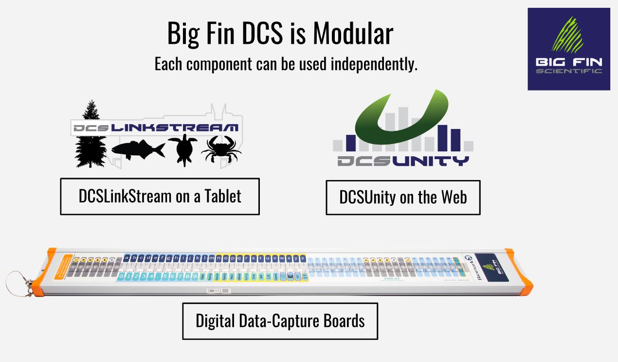 The BigFin software products and the fish boards may be used separately or configured together