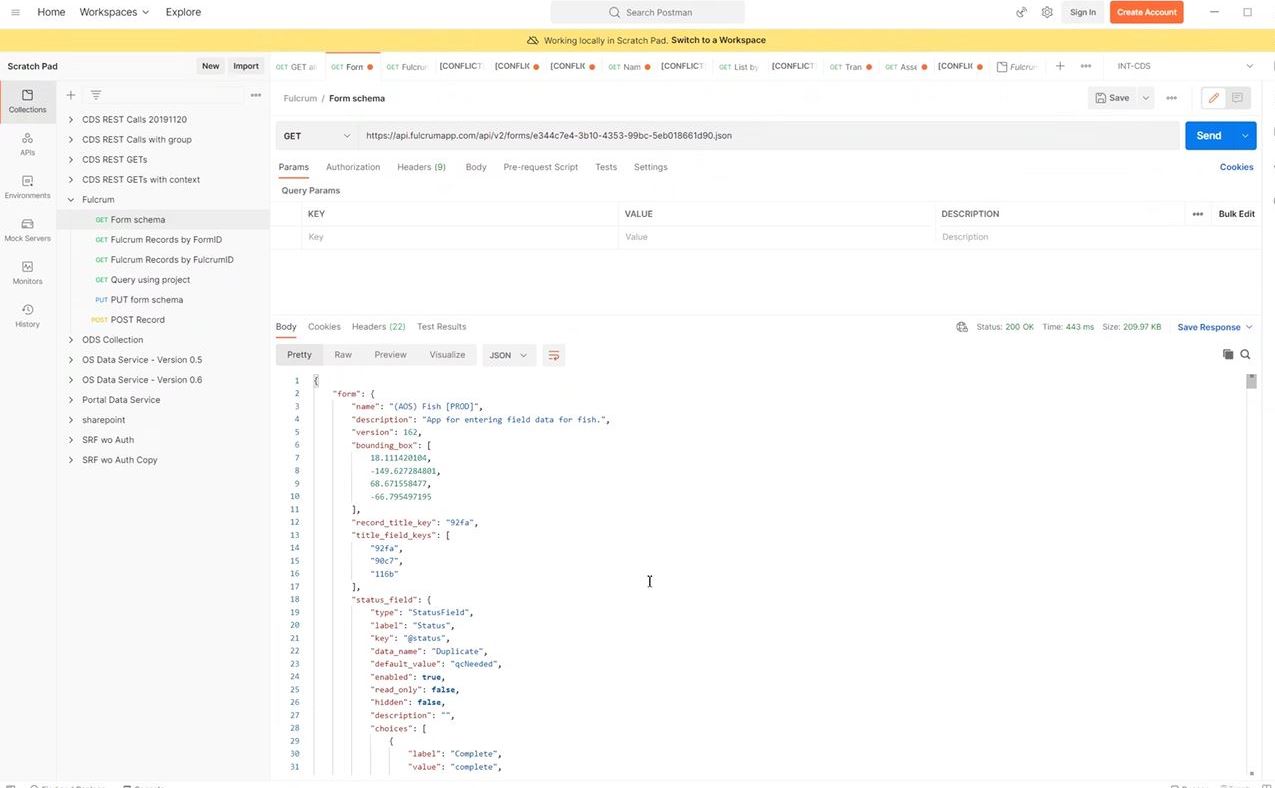 Screen capture of the json form schema for a Fulcrum app form demonstrating the direct access to json editing in form development.