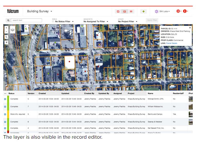 Screen capture of the Fulcrum web management interface demonstrating the ability to review data while continuing to use the mapping layers.