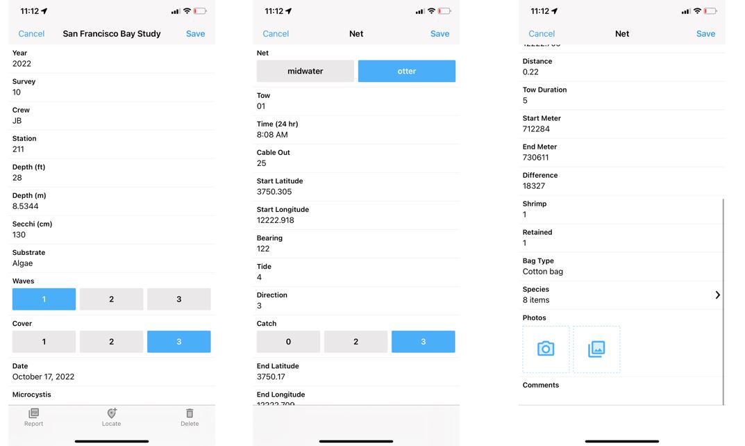 Screen capture of the web-based Fulcrum app devopement tool demonstrating the the general look of the app for a mobile device (three different screens are shown)