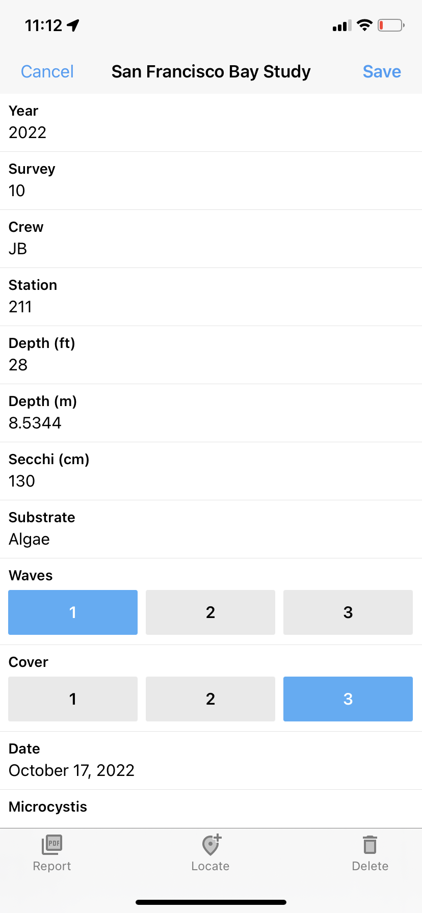 Screen capture of a test Fulcrum app developed for SFBS survey.