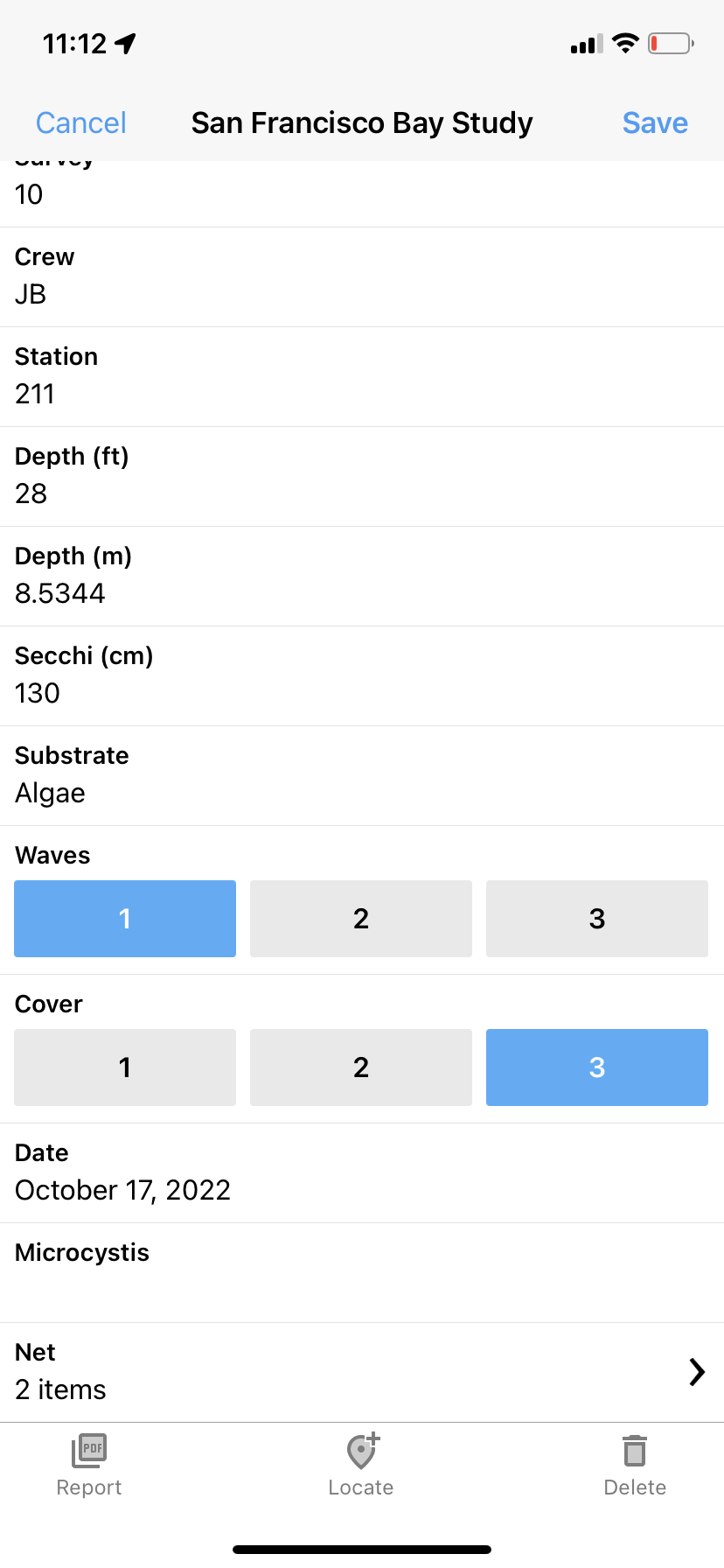 Screen capture of a test Fulcrum app developed for SFBS survey.