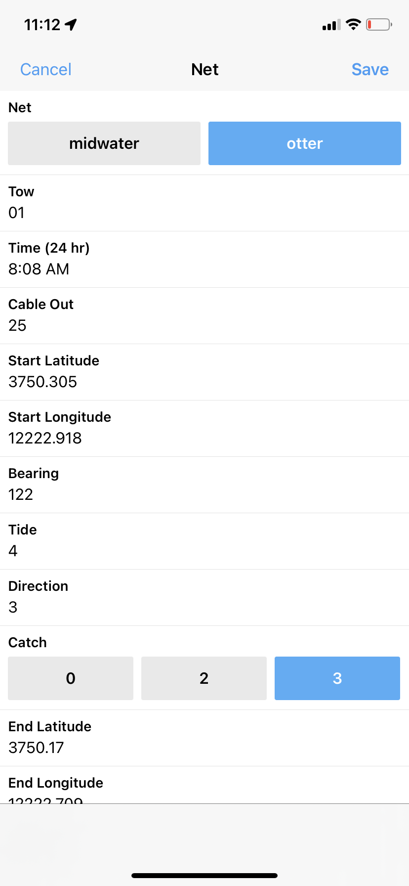 Screen capture of a test Fulcrum app developed for SFBS survey.