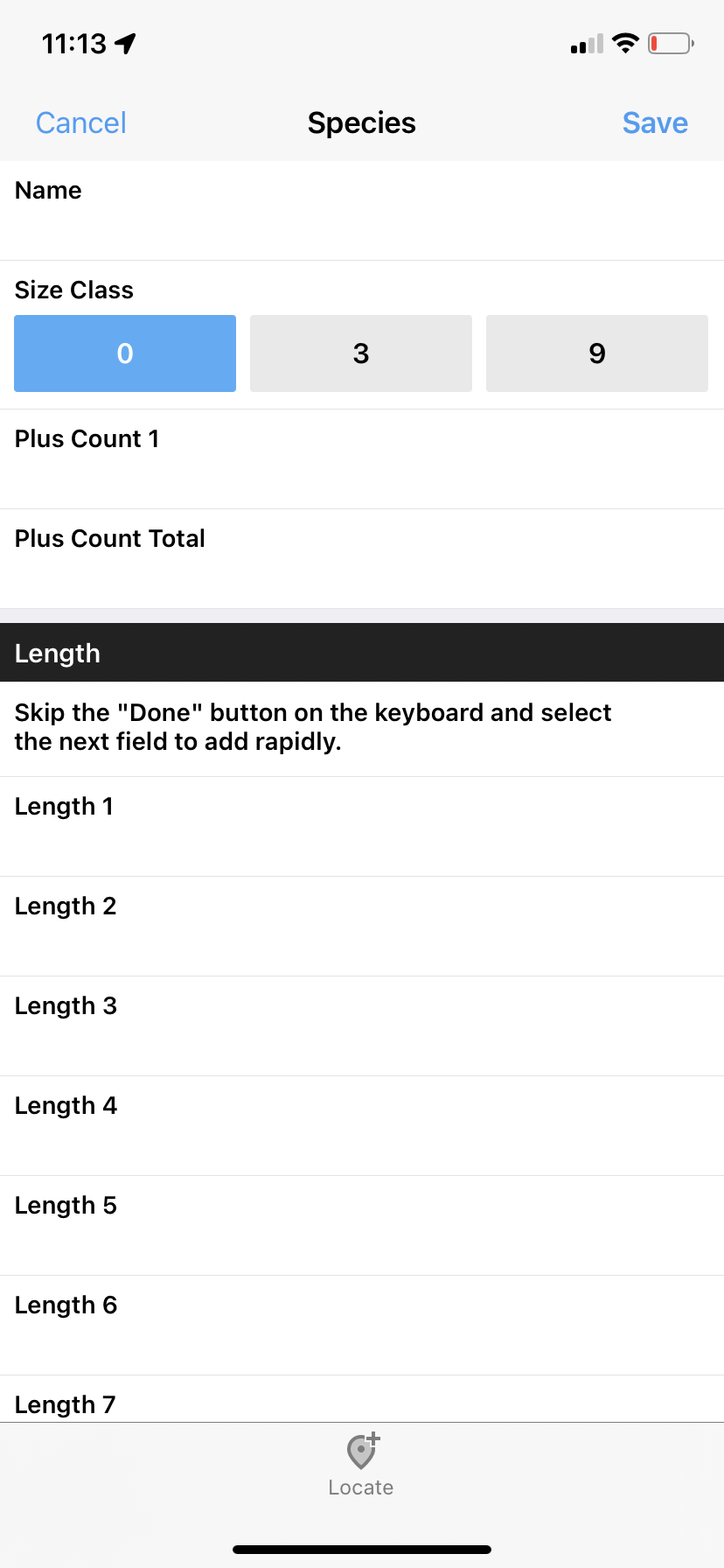 Screen capture of a test Fulcrum app developed for SFBS survey.