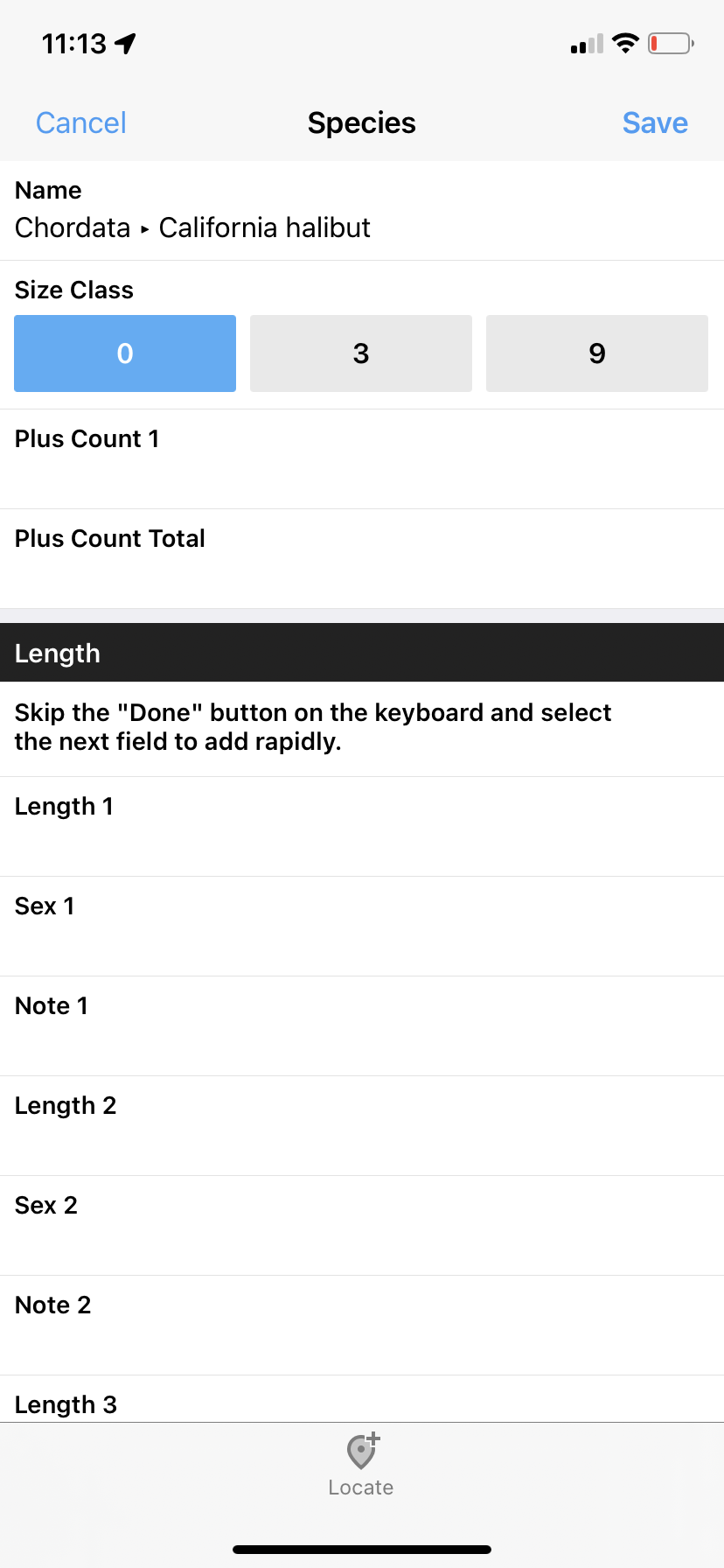 Screen capture of a test Fulcrum app developed for SFBS survey.