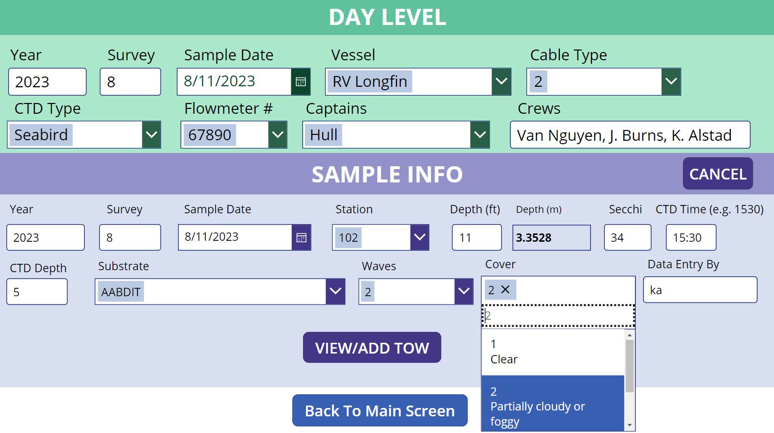 Screen capture of SF Bay Study Power Apps demo app: Day Level and Sample Info menus.