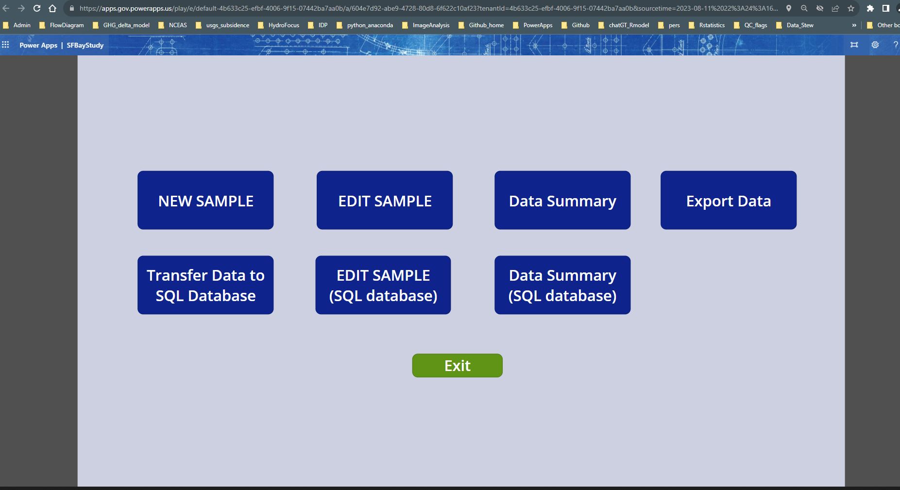 Screen capture of SF Bay Study Power Apps demo app: Main Screen options.