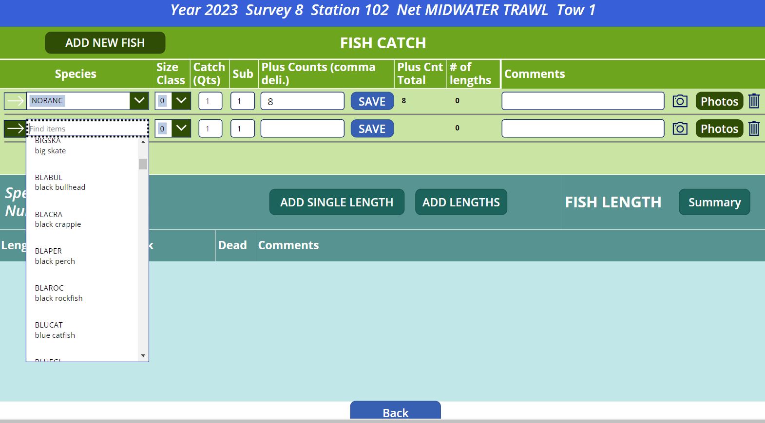 Screen capture of SF Bay Study Power Apps demo app: View/Add Fish screen; showing dropdown menu for adding a new fish species.