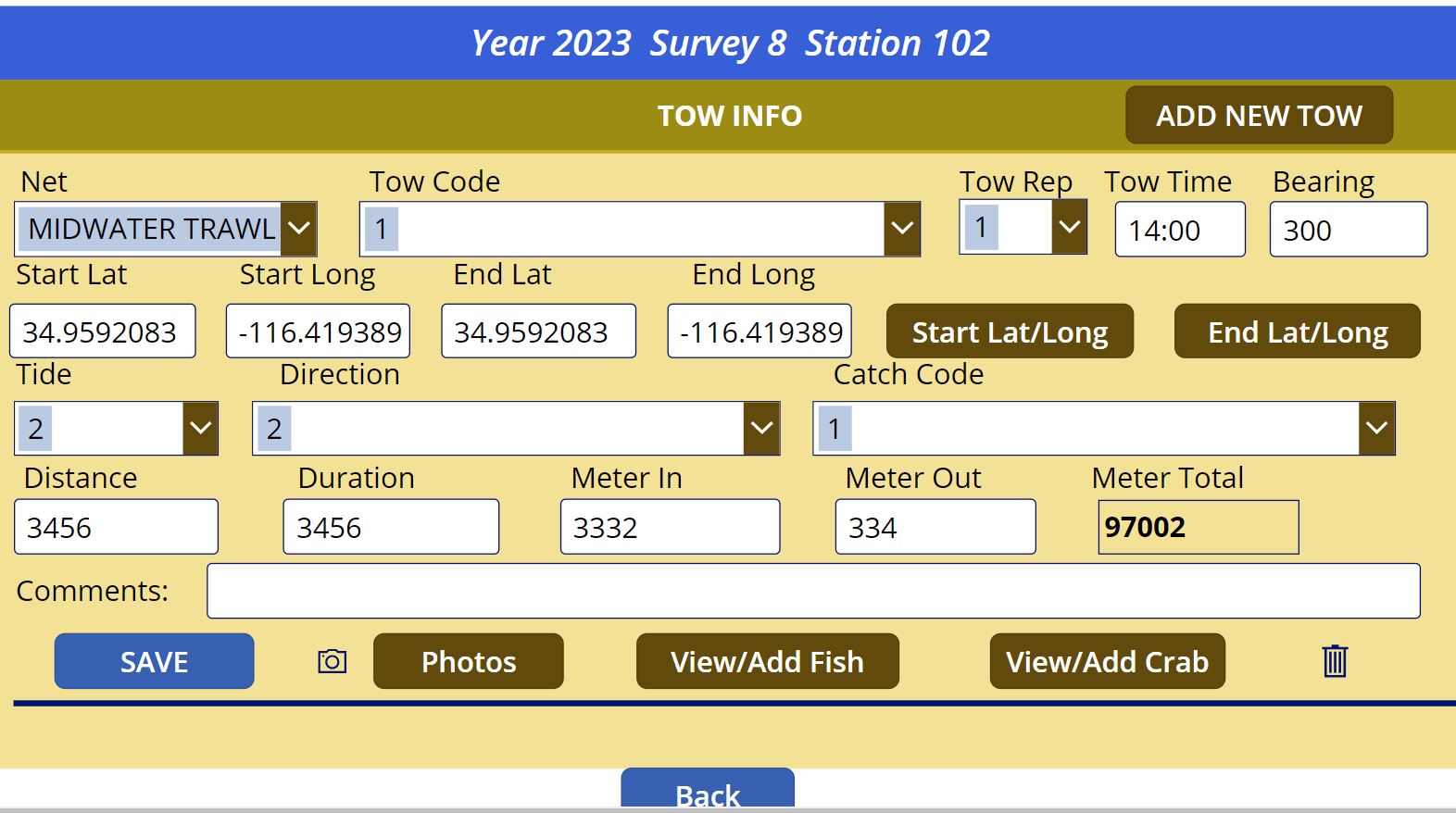 Screen capture of SF Bay Study Power Apps demo app: Tow Info fields.