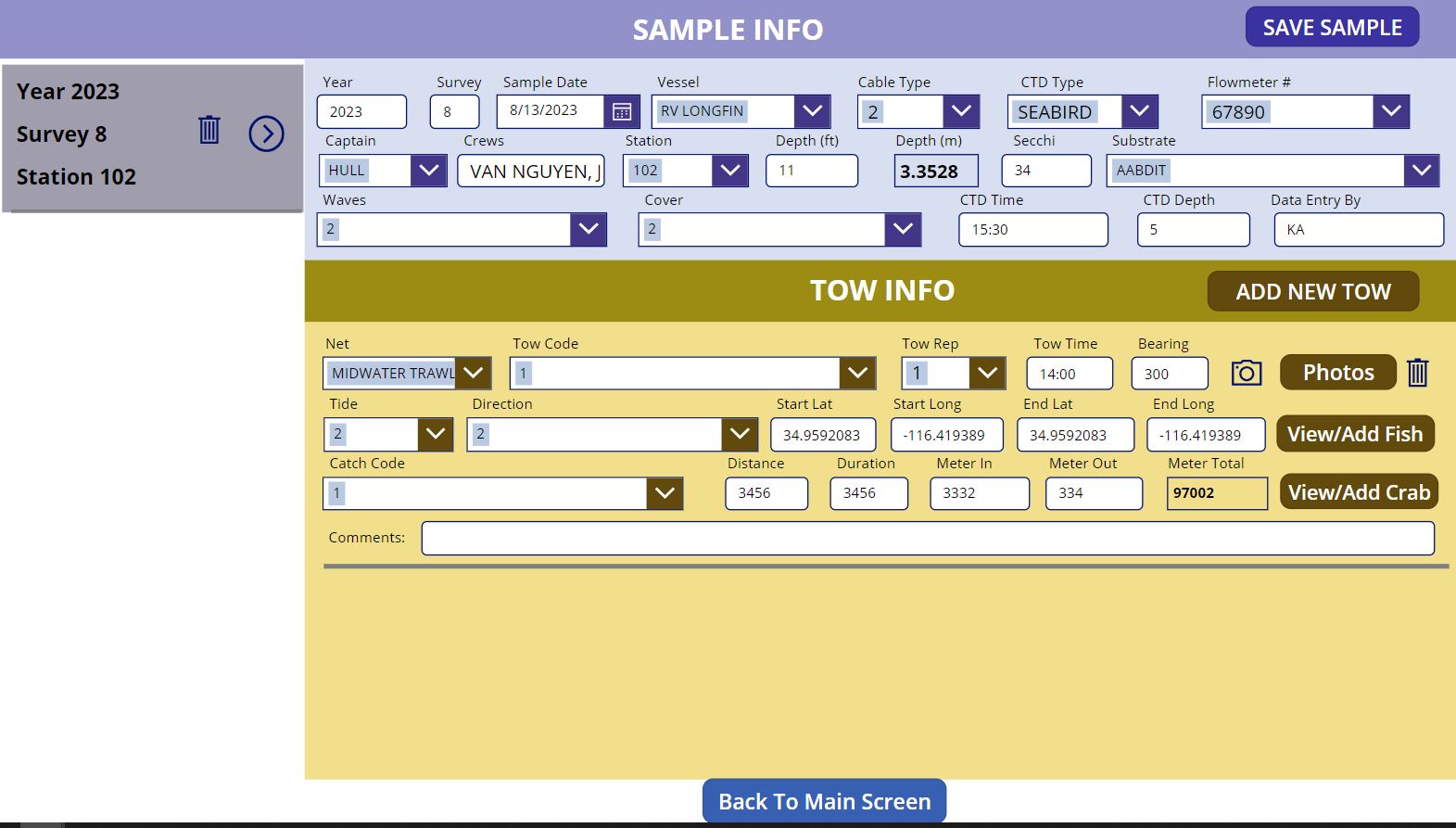 Screen capture of SF Bay Study Power Apps demo app: Edit Sample options; 