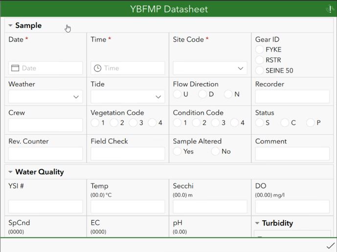 Screen capture of the Survey123 app for YBFMP as presented in Aug 2022.