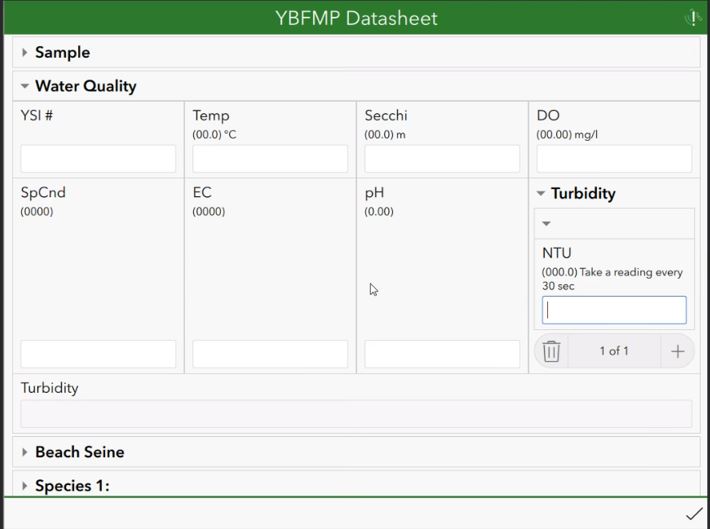 Screen capture of the Survey123 app for YBFMP as presented in Aug 2022.