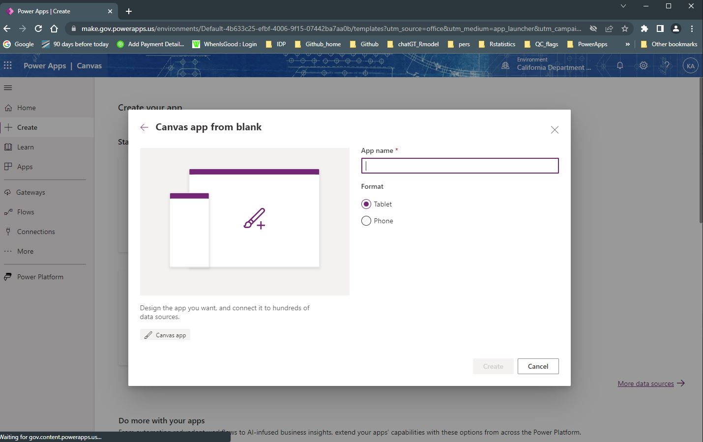 Screen capture of the Canvas form building tool demonstrating options to selection from tablet or phone format.