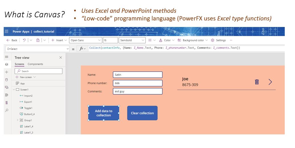 Screen capture of a basic Power Apps data collection form demonstrating the FX code used to control the collection and display of variables.