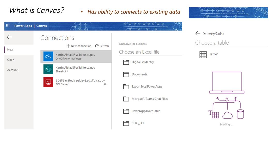 Screen capture Power Apps during the initation of the connection with an existing database where specific table can be selected and the automated tool that populated data variables avaliable in the app builder.