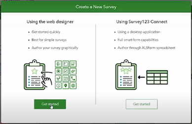 Screen capture of the ESRI web interface for Survey123 highlighting the two main options for designing a Survey123 form: the web designer or the Survey123 Connect tool.