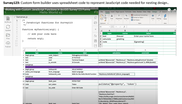 Screen capture of ESRI Survey123 Connect software demonstrating the use of the XLSForm spreadsheet-based coding language and the ability to directly edit the JavaScript code that is linked to XLSForm parameters.