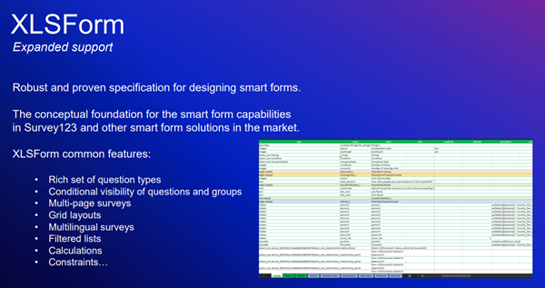 Screen capture of ArcGIS website description of the XLSForm features: https://gis.idaho.gov/wp-content/uploads/2021/03/ArcGIS-Apps-for-the-Field-State-of-ID.pdf.